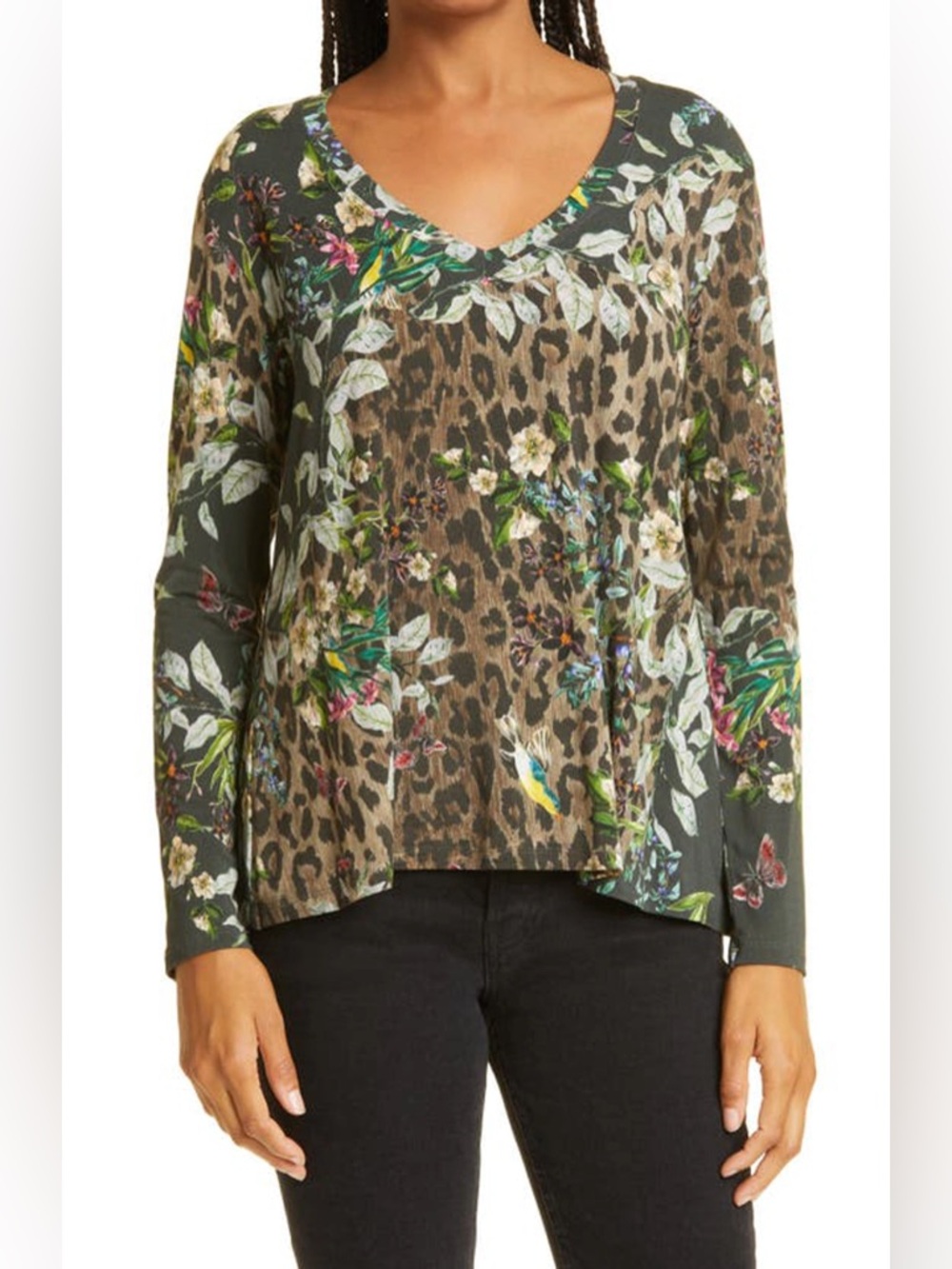 Johnny Was Ash Bird Floral Print Long Sleeve Top